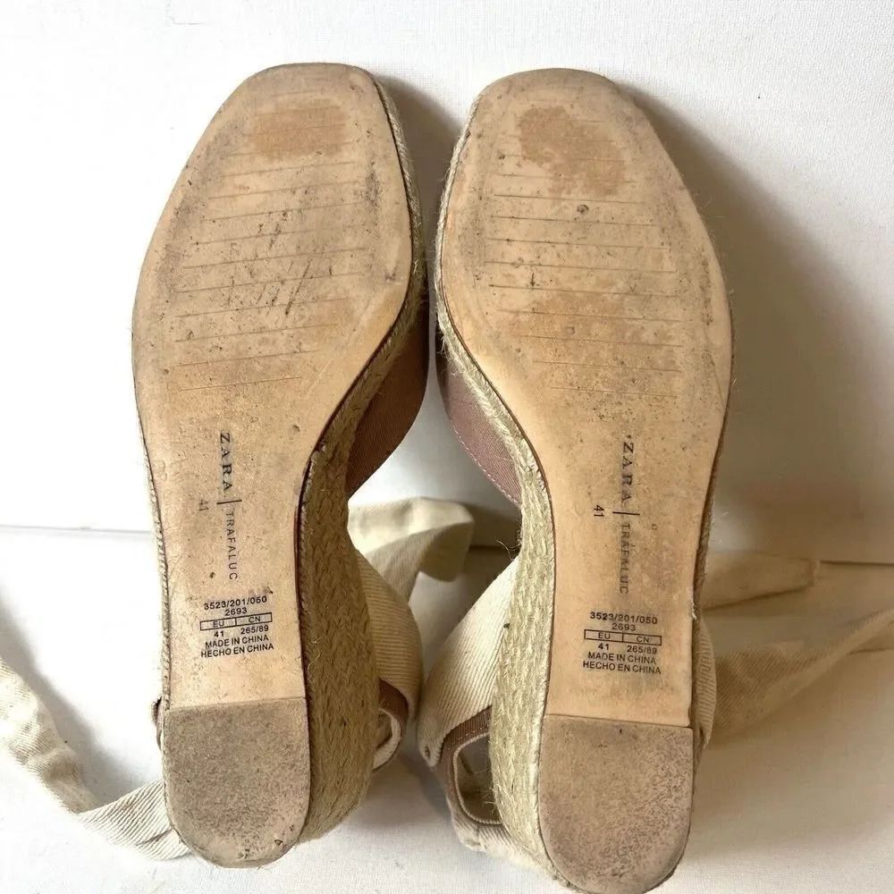 Zara Trafaluc Tan Dusty Rose Espadrille Tie Up Wedges Womens Sz EU 41 US 10-10.5 - Picture 10 of 11